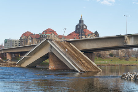 Remains of the Carola Bridge, Carolabrucke in Dresden, which collapsed on September 11, 2024の写真素材
