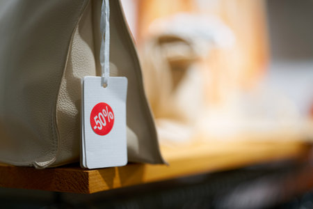 Sign with the inscription -50% on a handbag as an indication of a special offer at half priceの写真素材