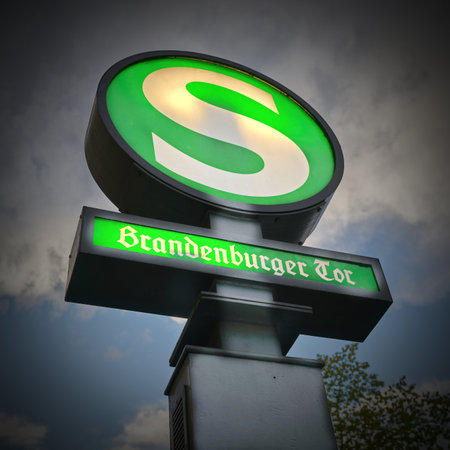 Bright neon sign at the Brandenburg Gate, Brandenburger Tor S-Bahn station on Unter den Linden boulevard in Berlinの写真素材