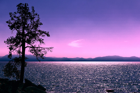 Lake Tahoe during sunset, California, Nevadaの写真素材
