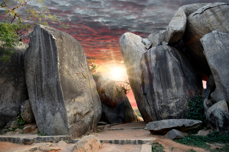 rocks and stones during sunrise in Mamallapuram Mahabalipuram complex park, Tamil Nadu, Indiaの写真素材