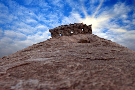 Ancient Hindu temple ruins did what built on a hill rock at Mahabalipuram, Mahabalipuram, Tamil Nadu, South Indiaの写真素材