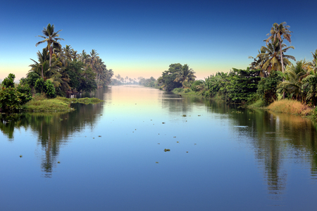 panoramic view backwaters while sunrise, Kerala, Indiaの写真素材