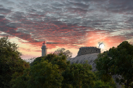 panoramic landscape view of Mahabalipuram while sunset with lighthouse and ancient Hindu temple, Arjuna penance, Tamil Nadu, South Indiaの写真素材