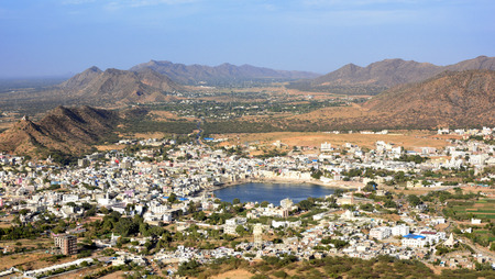 panorama view from Papmochani Mata Hindu Temple to Pushkar city with holy lake in the center, Rajasthan, Indiaの写真素材