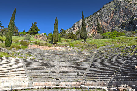 Delphi, Phocis, Greece. Ancient Theater of Delphi. The theater, with a total capacity of 5,000 spectators, is located at the sanctuary of Apolloの写真素材