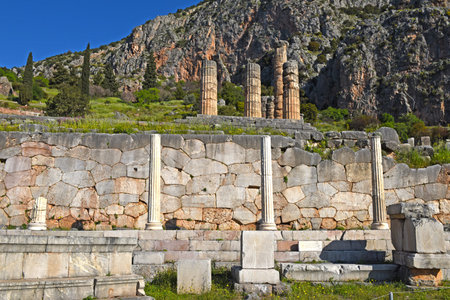 Apollo Temple at Delphi, an archaeological site in Greece, at the Mount Parnassus. Delphi is famous...