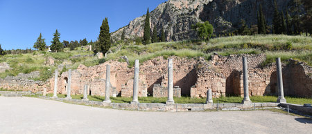 Ancient Roman forum colonnade on the central public space, The Agora, at Sanctuary of Apollo,...