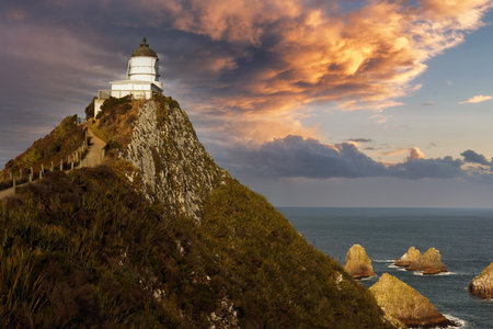 panoramic view to the Nugget Point Lighthouse, located in the Catlins area on the Southern Island Coast of New Zealand, Otago regionの写真素材