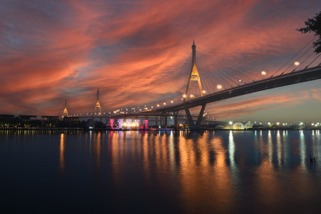 Bhumibol bridge 1 and 2, the so called Industrial Ring Bridge crossing The Chao Phraya River with reflection, Bangkok, Thailand (Foreign text saying Bhumibol bridge 1 and 2)の写真素材