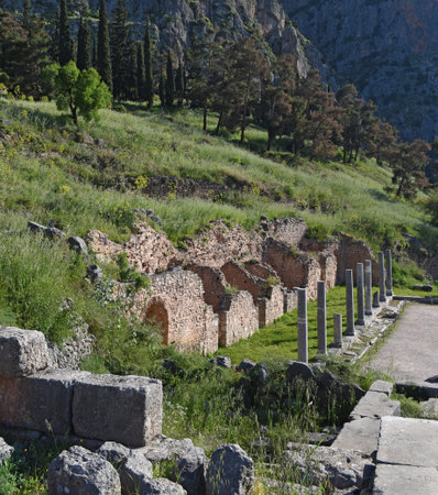 Ancient Roman forum colonnade on the central public space, The Agora, at Sanctuary of Apollo, it was...