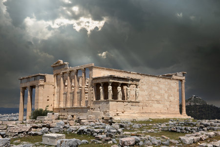 The Porch of the Caryatids in The Erechtheion an ancient Greek temple on the north side of the Acropolis of Athens, Attica, Greeceの写真素材