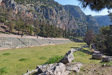 The Delphi Stadium is located at the highest point of the Delphi Archaeological Site. Delphi was an important ancient Greek religious sanctuary sacred to the god Apollo.の写真素材