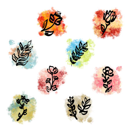 Raster floral elements 1, part 1. Botanical image. color sketch. Design for t-shirt, web, pattern, banner, wallpaper, symbol, textile, poster, leaflet, artwork, ad, print, design template.の写真素材