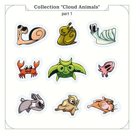 Collection "Cloud Animals", part 1. Bright representatives of the fauna in a unique design style. Smooth edges. Illustration for stickers, prints, souvenirs, children's items, etc.のイラスト素材