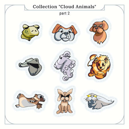 Collection "Cloud Animals", part 2. Illustration of animals in bright colors. Own style, accompanied by smooth lines. Light and shadow design. For stickers, prints, souvenirs, children's items, etc.のイラスト素材