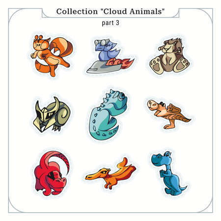 Collection "Cloud Animals", part 3. Fantastic animal and dragon. Bright and positive illustrations in their own style. Design for stickers, prints, souvenirs, children's items, etcのイラスト素材