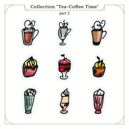 Collection "Tea-Coffee Time", part 2. Bright illustrations for coffee shops and cafes. Drawing cups, desserts and cocktails. Sticks in a unique style. Set for t-shirt, web, patternのイラスト素材