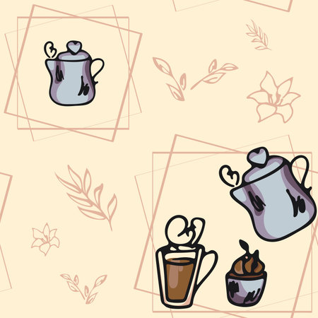 Endless pattern for coffee houses and cafes 20. Seamless design with several objects on a soft background in floral motifs. Illustration for paper, web, cover, fabric, etc.のイラスト素材