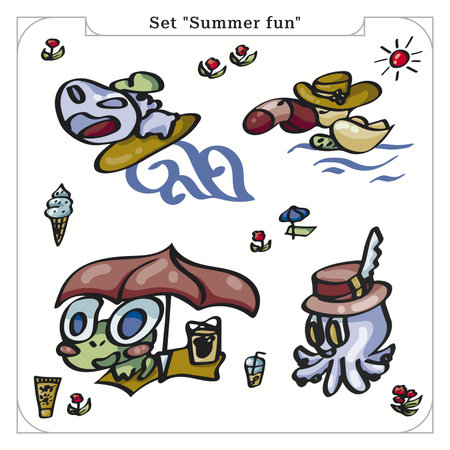 Summer set of stickers. Resting animals. Sea and resort theme. Vector for stickers, souvenirs, dishes, beach bags, clothes, t-shirts, caps, covers, etc.のイラスト素材
