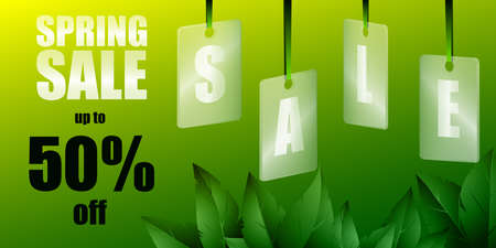 Spring sale background with beautiful leaves. Translucent glass or plastic cards with letters on green silk ribbons. Vector illustration.のイラスト素材