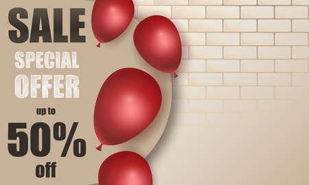 Special offer sale banner with realistic red balloons on beige brick wall background. Place for text. Vector illustrationのイラスト素材
