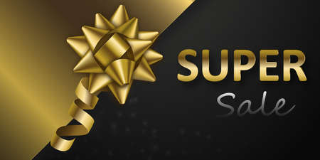 Super sale banner. Realistic golden bow and wrapping on black background. Glossy gold ornament for gift decoration. Vector illustration.のイラスト素材