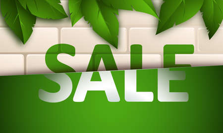 Sale banner on beige brick wall background with green leaves. Template design for posters, flyers, brochures. Vector illustrationのイラスト素材