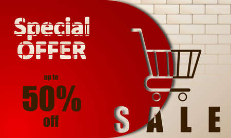 Sale rectangular banner, special offer. Shopping Cart creative design against a background of beige brickwork. Vector designのイラスト素材