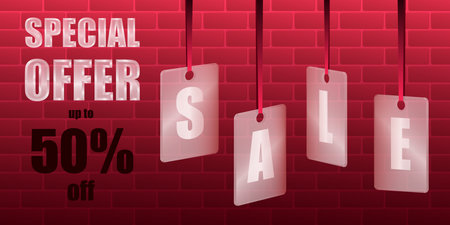 Sale Special offer. Translucent glass or plastic cards with letters on red silk ribbons with brickwork on a red background. Vector illustration.のイラスト素材
