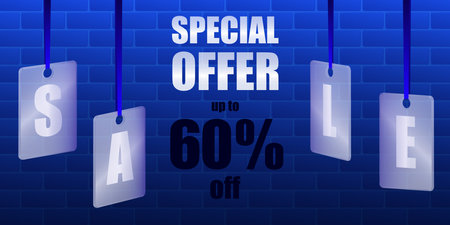 Sale Special offer. Translucent glass or plastic cards with letters on blue silk ribbons with brickwork on a blue background. Vector illustration.のイラスト素材