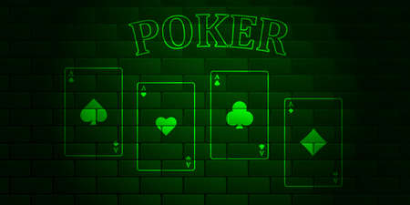 Dark green brick wall with glowing text Poker and playing cards. Aces of all stripes. Vector illustration.のイラスト素材
