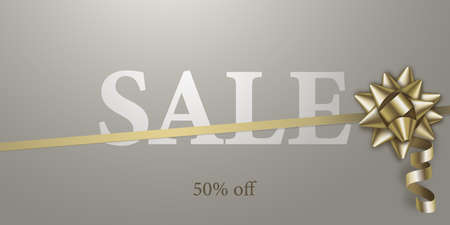 Sale banner with a stretched gold ribbon and a beautiful realistic bow on a light background. Vector illustrationのイラスト素材