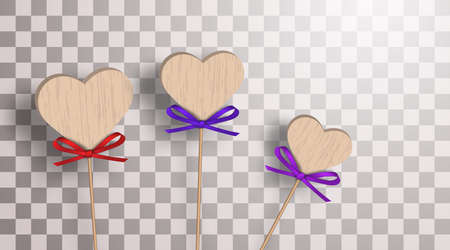 Wooden hearts on sticks with beautiful red and purple bows on a transparent background. Decorative ornaments. Vector illustrationのイラスト素材