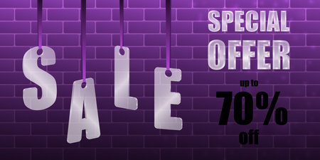 Sale Special offer. Translucent glass or plastic letters on purple silk ribbons with brickwork on a purple background. Vector illustration.のイラスト素材