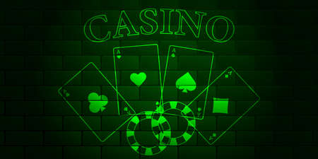 Dark green brick wall with glowing text text Casino, playing cards and casino chips. Aces of all stripes. Vector illustration.のイラスト素材