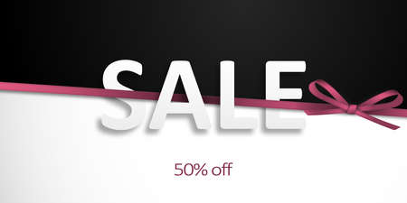 Sale banner with a stretched pink ribbon and a beautiful realistic bow on a black and white background. Vector illustrationのイラスト素材