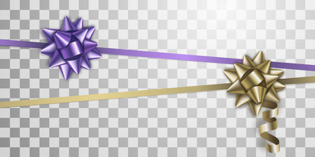 Beautiful realistic purple and gold bows with ribbons on a transparent background. Vector illustrationのイラスト素材
