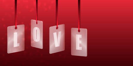 Love. Translucent glass or plastic cards with letters on red silk ribbons on a red background. Space for text. Vector illustration.のイラスト素材