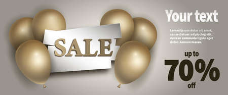 Sale, special offer with gold realistic air balloons. Vector design templateのイラスト素材