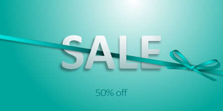Sale banner with a stretched turquoise ribbon and a beautiful realistic bow on a turquoise background. Vector illustrationのイラスト素材