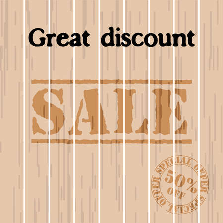 Sale banner Great discount. Cargo shopping box from wooden planks background. Vector illustrationのイラスト素材