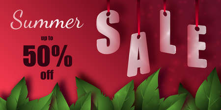 Summer sale background with beautiful green leaves. Translucent glass or plastic letters on red silk ribbons. Vector illustration.のイラスト素材