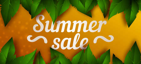 Summer sale background with beautiful green leaves. Template design for flyers, posters or brochures. Vector illustration.のイラスト素材