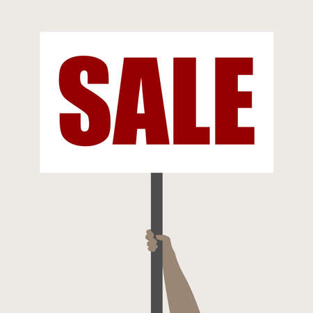 Sale banner. Silhouette of human hand holding protest sign with letters SALE. Vector illustration in flat style.のイラスト素材
