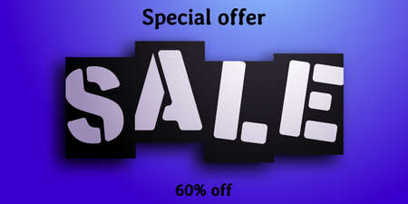 Sale banner. Black cards with white letters casting a shadow on a blue background. Vector illustrationのイラスト素材
