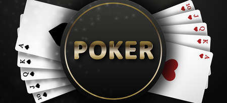 Poker on a black background and royal flush of the suit of hearts and spades. Background for casino advertising, poker, gambling. Vector illustration.のイラスト素材