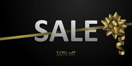 Sale banner with a stretched gold ribbon and a beautiful realistic bow on a black background. Vector illustrationのイラスト素材