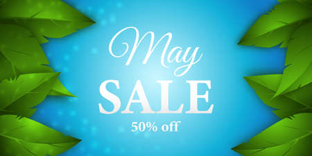 May sale background with green leaves on a blue backdrop. Template design for flyers, posters or brochures. Vector illustration.のイラスト素材