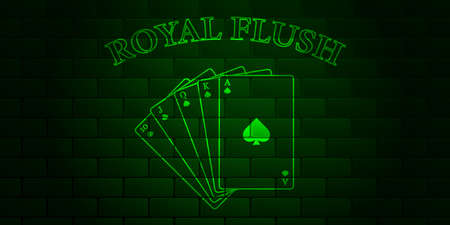 Dark green brick wall with glowing text Poker and royal flush of the suit of spades. Vector illustration.のイラスト素材